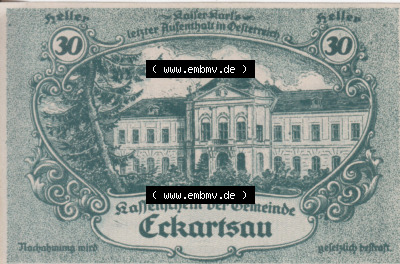 Notgeldscheine Niederösterreich Eckartsau 1920, 30 Heller. Vorderseite des Notgeldscheins im online Katalog auf EMBMV zum katalogisieren... Sammlung