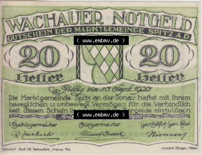 Notgeldscheine Niederösterreich Spitz Wachauer Notgeld 1920, 20 Heller. Vorderseite des Notgeldscheins im online Katalog auf... Sammlung