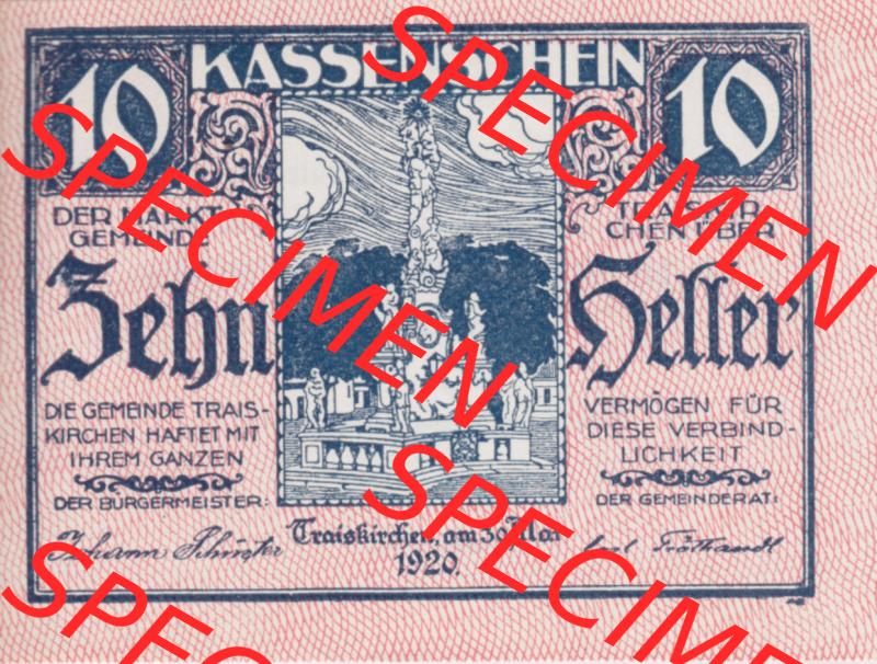 Notgeldscheine Niederösterreich Gemeinde Traiskirchen 1920, 10 Heller. Vorderseite des Notgeldscheins im online Katalog auf EMBMV zum katalogisieren der eigenen Sammlung für private... Sammlung