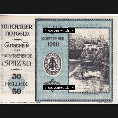 Notgeldscheine Niederösterreich Spitz Wachauer Notgeld 1920, I. 50 Heller. Vorderseite des Notgeldscheins im online Katalog auf EMBMV zum katalogisieren der eigenen Sammlung für... Sammlung