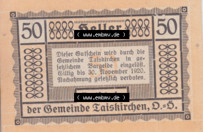 Notgeldscheine Niederösterreich Gemeinde Traiskirchen 1920, 50 Heller II. Vorderseite des Notgeldscheins im online Katalog auf... Sammlung
