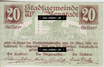 Notgeldscheine Niederösterreich Wiener-Neustadt, Stadt-Gemeinde 1920, 20 Heller. Vorderseite des Notgeldscheins im online Katalog... Sammlung