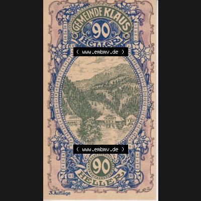 Notgeldscheine Vorarlberg Klaus 1920, II 90 Heller, 3. Auflage Ortsansichten (1) Sammlung