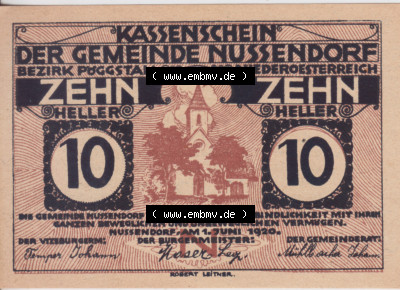 Notgeldscheine Niederösterreich Nussendorf - Artstetten 1920, 10 Heller. Vorderseite des Notgeldscheins im online Katalog auf... Sammlung