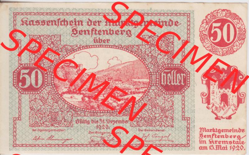 Notgeldscheine Niederösterreich Senftenberg Kassenschein 50 Heller (1) Sammlung