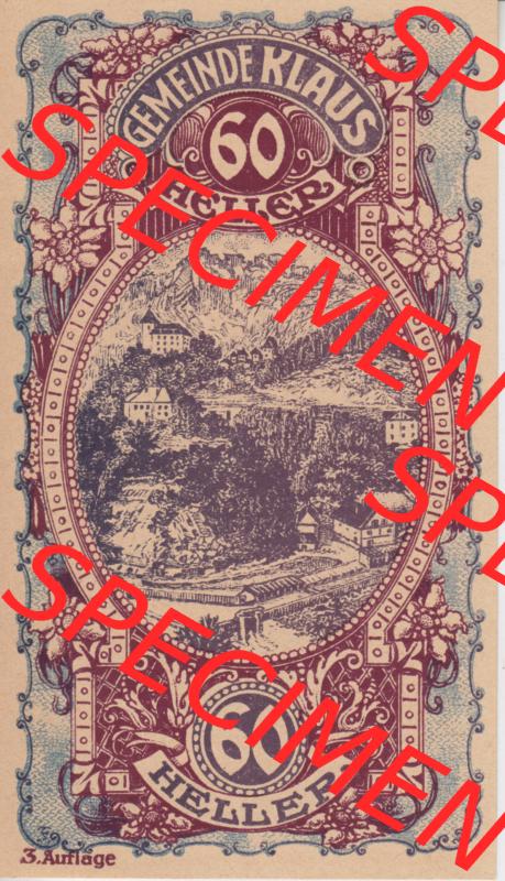 Notgeldscheine Vorarlberg Klaus 1920, II 60 Heller, 3. Auflage Ortsansichten (1) Sammlung