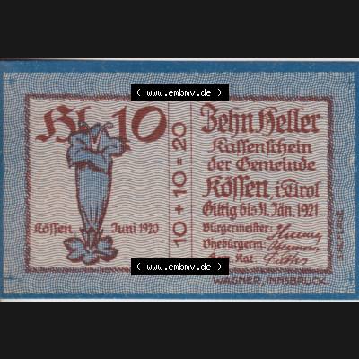 Notgeldscheine Tirol Kössen 1919-1920, 10 Heller (1) Sammlung