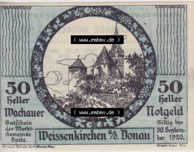 Notgeldscheine Niederösterreich Weissenkirchen in der Wachau, Wachauer Notgeld 1920, 50 Heller. Vorderseite des Notgeldscheins... Sammlung