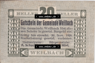 Notgeldscheine Oberösterreich Weilbach 1920, 20 Heller (1). Notgeld Oberösterreich Weilbach, Gemeinde, Notgeldscheine aus Oberösterreich... Sammlung