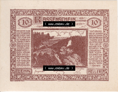 Notgeldscheine Niederösterreich Hinterbrühl 1920, 10 Heller II. Vorderseite des Notgeldscheins im online Katalog auf EMBMV zum... Sammlung
