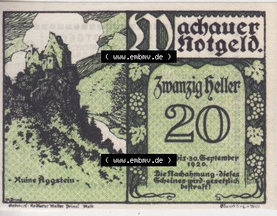 Notgeldscheine Niederösterreich Aggstein 1920, 20 Heller. Vorderseite des Notgeldscheins im online Katalog auf EMBMV zum katalogisieren... Sammlung