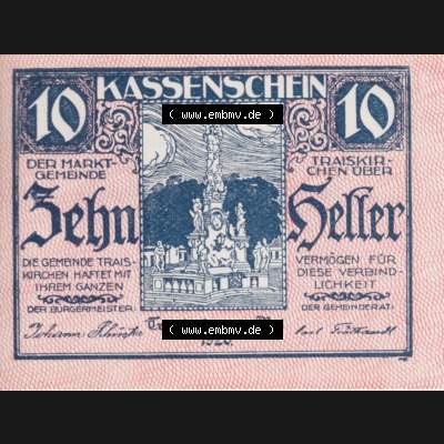 Notgeldscheine Niederösterreich Gemeinde Traiskirchen 1920, 10 Heller. Vorderseite des Notgeldscheins im online Katalog auf EMBMV zum katalogisieren der eigenen Sammlung für private... Sammlung