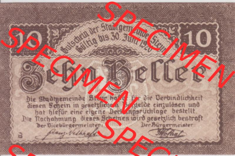 Notgeldscheine Oberösterreich Steyr 1919-1920, 10 Heller (1). Notgeld Oberösterreich Steyr, Notgeldscheine aus Oberösterreich im online Katalog für private... Sammlung