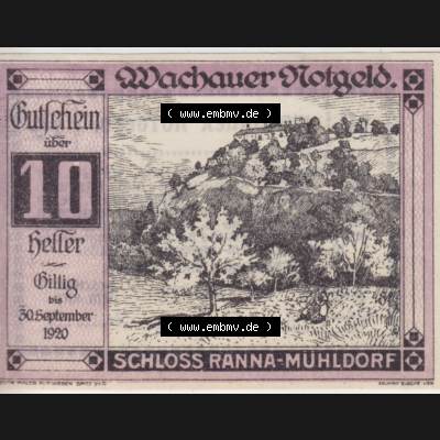 Notgeldscheine Niederösterreich Schloss Ranna-Mühldorf 1920, 10 Heller. Vorderseite des Notgeldscheins im online Katalog auf EMBMV zum katalogisieren der eigenen Sammlung für... Sammlung