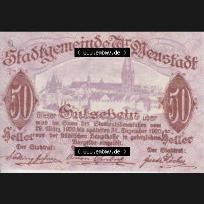 Notgeldscheine Niederösterreich Wiener-Neustadt, Stadt-Gemeinde 1920, 50 Heller. Vorderseite des Notgeldscheins im online Katalog auf EMBMV zum katalogisieren der eigenen Sammlung... Sammlung