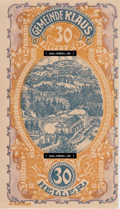 Notgeldscheine Vorarlberg Klaus 1920, I 30 Heller, 3. Auflage Ortsansichten (1) Sammlung