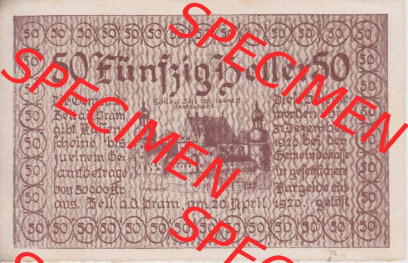 Notgeldscheine Oberösterreich Zell an der Pram 1920, 50 Heller (1). Notgeld Oberösterreich Gemeinde Zell an der Pram, Notgeldscheine aus Oberösterreich im online... Sammlung