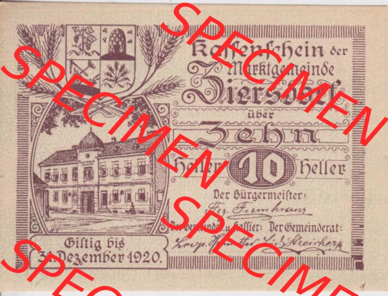 Notgeldscheine Niederösterreich Ziersdorf 1920, 10 Heller. Vorderseite des Notgeldscheins im online Katalog auf EMBMV zum katalogisieren der eigenen Sammlung für private Sammler... Sammlung