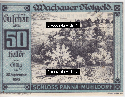 Notgeldscheine Niederösterreich Schloss Ranna-Mühldorf 1920, 50 Heller. Vorderseite des Notgeldscheins im online Katalog auf... Sammlung