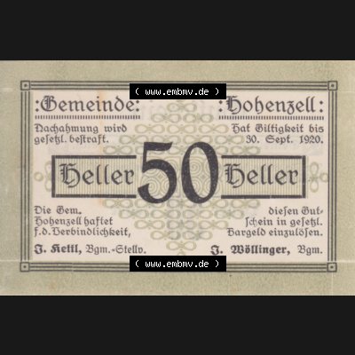 Notgeldscheine Oberösterreich Hohenzell 1920, 50 Heller. Vorderseite des oberösterreichischen Notgeldscheins im online Katalog auf EMBMV zum katalogisieren der eigenen Notgeld-Sammlung... Sammlung