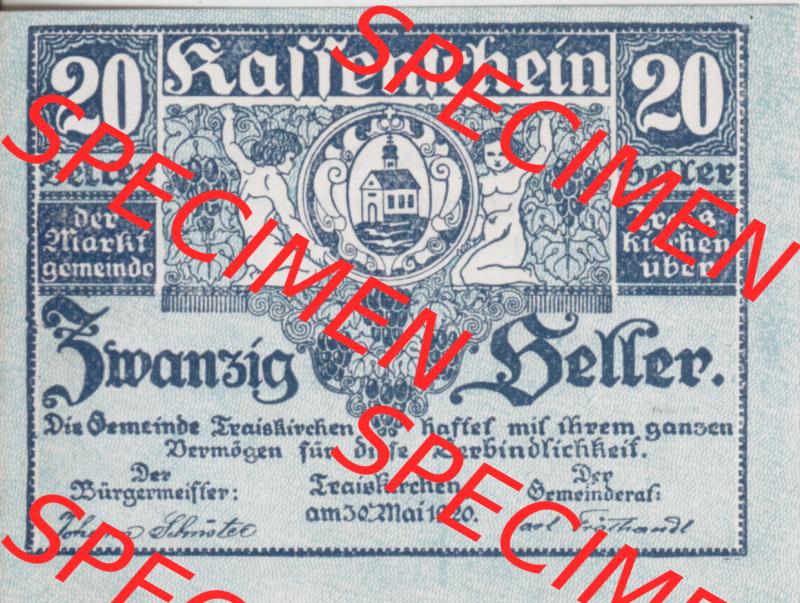 Notgeldscheine Niederösterreich Gemeinde Traiskirchen 1920, 20 Heller. Vorderseite des Notgeldscheins im online Katalog auf EMBMV zum katalogisieren der eigenen Sammlung für private... Sammlung