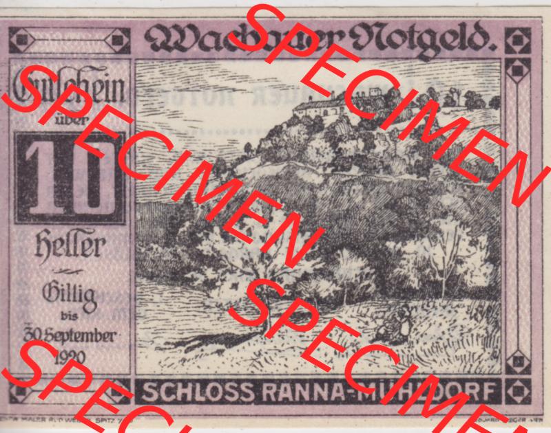 Notgeldscheine Niederösterreich Schloss Ranna-Mühldorf 1920, 10 Heller. Vorderseite des Notgeldscheins im online Katalog auf EMBMV zum katalogisieren der eigenen Sammlung für... Sammlung