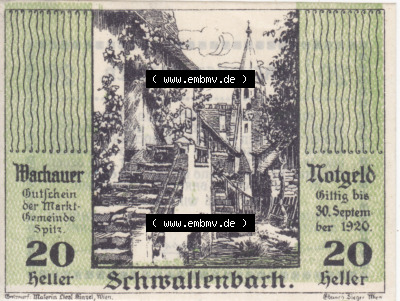 Notgeldscheine Niederösterreich Schwallenbach Wachauer Notgeld 1920, 20 Heller. Vorderseite des Notgeldscheins im online Katalog... Sammlung