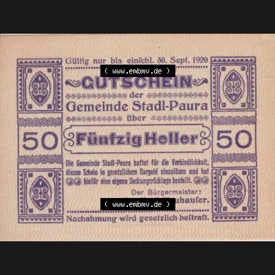 Notgeldscheine Oberösterreich Stadl-Paura 1920, I 50 Heller (1). Notgeld Oberösterreich Stadl-Paura, Notgeldscheine aus Oberösterreich im online Katalog für... Sammlung