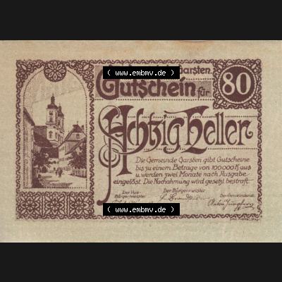Notgeldscheine Oberösterreich Gemeinde Garsten 80 Heller. Vorderseite des oberösterreichischen Notgeldscheins im online Katalog auf EMBMV zum katalogisieren der eigenen Notgeld-Sammlung... Sammlung