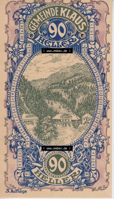 Notgeldscheine Vorarlberg Klaus 1920, II 90 Heller, 3. Auflage Ortsansichten (1) Sammlung