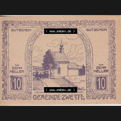 Notgeldscheine Oberösterreich Zwettl Mühlkreis 1920-1921, 10 Heller violett (1). Notgeld Oberösterreich Gemeinde Zwettl Mühlkreis, Notgeldscheine aus Oberösterreich... Sammlung