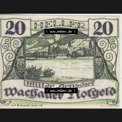 Notgeldscheine Niederösterreich Mitterarnsdorf Wachauer Notgeld 1920, 20 Heller Wachauer Notgeld. Vorderseite des Notgeldscheins im online Katalog auf EMBMV zum katalogisieren der eigenen... Sammlung