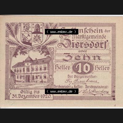 Notgeldscheine Niederösterreich Ziersdorf 1920, 10 Heller. Vorderseite des Notgeldscheins im online Katalog auf EMBMV zum katalogisieren der eigenen Sammlung für private Sammler... Sammlung
