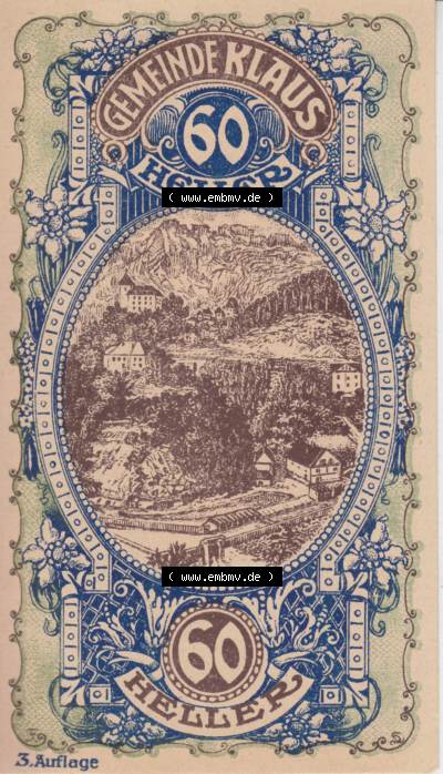 Notgeldscheine Vorarlberg Klaus 1920, I 60 Heller, 3. Auflage Ortsansichten (1) Sammlung