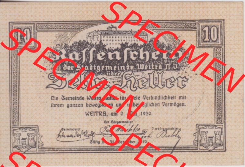 Notgeldscheine Niederösterreich Stadt-Gemeinde Weitra 1920, 10 Heller. Vorderseite des Notgeldscheins im online Katalog auf EMBMV zum katalogisieren der eigenen Sammlung für private... Sammlung