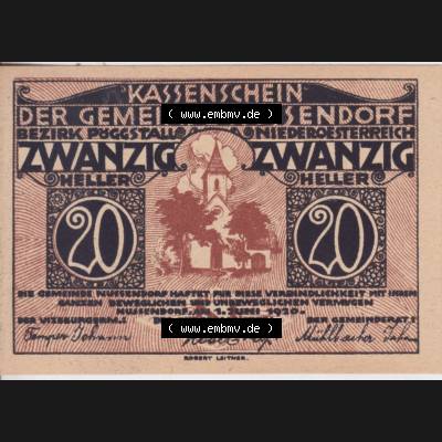 Notgeldscheine Niederösterreich Nussendorf - Artstetten 1920, 20 Heller. Vorderseite des Notgeldscheins im online Katalog auf EMBMV zum katalogisieren der eigenen Sammlung für private... Sammlung