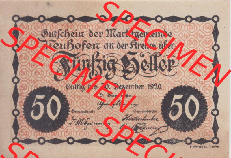 Notgeldscheine Oberösterreich Neuhofen an der Krems1920, 50 Heller (1). Notgeld Oberösterreich Neuhofen an der Krems, Notgeldscheine aus Oberösterreich im online... Sammlung