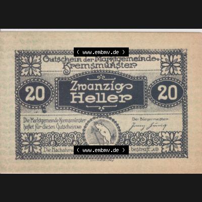 Notgeldscheine Oberösterreich Kremsmünster 1920, 20 Heller. Vorderseite des oberösterreichischen Notgeldscheins im online Katalog auf EMBMV zum katalogisieren der eigenen Notgeld-Sammlung... Sammlung