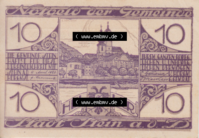 Notgeldscheine Niederösterreich Gemeinde Stadt Stein an der Donau 10 Heller. Vorderseite des Notgeldscheins im online Katalog... Sammlung