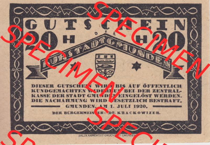 Notgeldscheine Oberösterreich Kurstadt Gmunden 1920, 20 Heller. Vorderseite des oberösterreichischen Notgeldscheins im online Katalog auf EMBMV zum katalogisieren der eigenen Notgeld-Sammlung... Sammlung