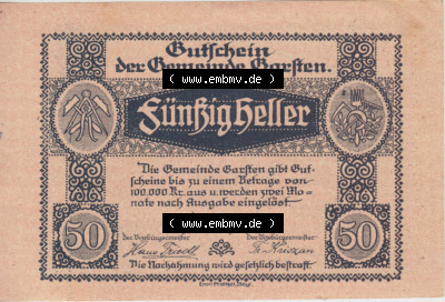 Notgeldscheine Oberösterreich Gemeinde Garsten 50 Heller. Vorderseite des oberösterreichischen Notgeldscheins im online Katalog... Sammlung