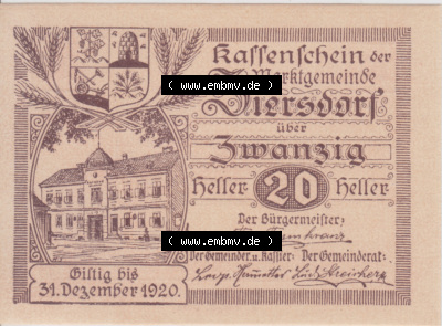 Notgeldscheine Niederösterreich Ziersdorf 1920, 20 Heller. Vorderseite des Notgeldscheins im online Katalog auf EMBMV zum katalogisieren... Sammlung