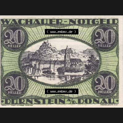 Notgeldscheine Niederösterreich Dürnstein 1920, 20 Heller. Vorderseite des Notgeldscheins im online Katalog auf EMBMV zum katalogisieren der eigenen Sammlung für private Sammler... Sammlung