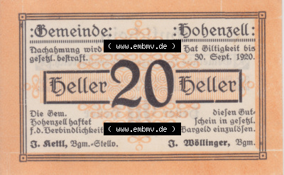 Notgeldscheine Oberösterreich Hohenzell 1920, 20 Heller. Vorderseite des oberösterreichischen Notgeldscheins im online Katalog... Sammlung