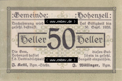 Notgeldscheine Oberösterreich Hohenzell 1920, 50 Heller. Vorderseite des oberösterreichischen Notgeldscheins im online Katalog... Sammlung