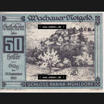 Notgeldscheine Niederösterreich Schloss Ranna-Mühldorf 1920, 50 Heller. Vorderseite des Notgeldscheins im online Katalog auf EMBMV zum katalogisieren der eigenen Sammlung für... Sammlung