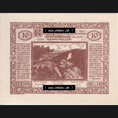Notgeldscheine Niederösterreich Hinterbrühl 1920, 10 Heller II. Vorderseite des Notgeldscheins im online Katalog auf EMBMV zum katalogisieren der eigenen Sammlung für private... Sammlung