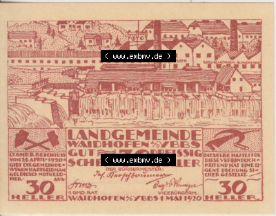 Notgeldscheine Niederösterreich Waidhofen an der Ybbs 30 Heller. Vorderseite des Notgeldscheins im online Katalog auf EMBMV zum... Sammlung