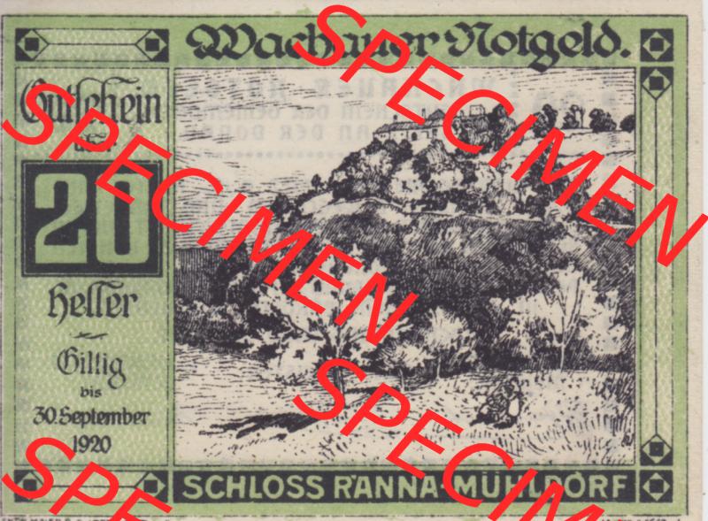 Notgeldscheine Niederösterreich Schloss Ranna-Mühldorf 1920, 20 Heller. Vorderseite des Notgeldscheins im online Katalog auf EMBMV zum katalogisieren der eigenen Sammlung für... Sammlung