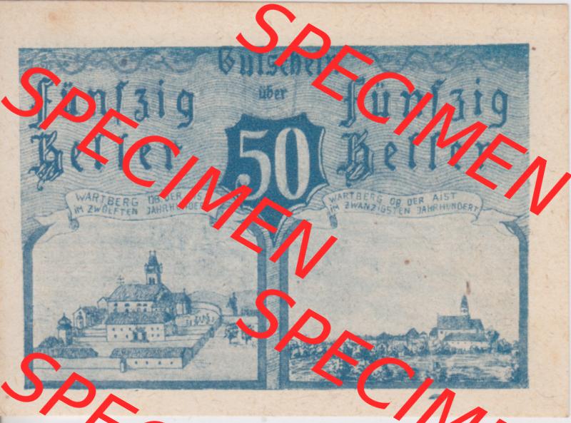Notgeldscheine Oberösterreich Wartberg ob der Aist 1920-1920, 50 Heller blau (1). Notgeld Oberösterreich Gutschein der Gemeinde Wartberg ob der Aist, Notgeldscheine... Sammlung